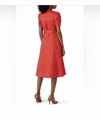Shoshanna Red Collared Button-Front Puff Short Sleeve Belted Midi Shirt Dress 6