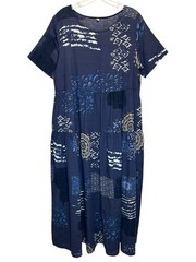 Navy Boho Celestial Print Cotton Relaxed Fit Tiered Pullover Maxi Dress – Large
