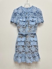 Self-Portrait Ladies Blue Lace Peplum Mini Short Sleeve Dress