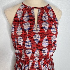 Maggy London Red Blue Geometric Pom Pom Trim Halter Sleeveless Midi Dress 8P