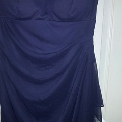 Xscape navy blue cocktail midi dress Sz 6 lace top ruched skirt