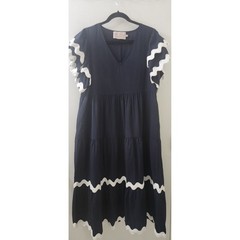 White Closet Elements Navy Blue Ric Rac Tiered Cotton Midi Dress XL