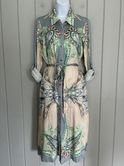 Hale Bob Shirt Dress M Medium Pastel Mint Green Button Front Collar Tie Waist