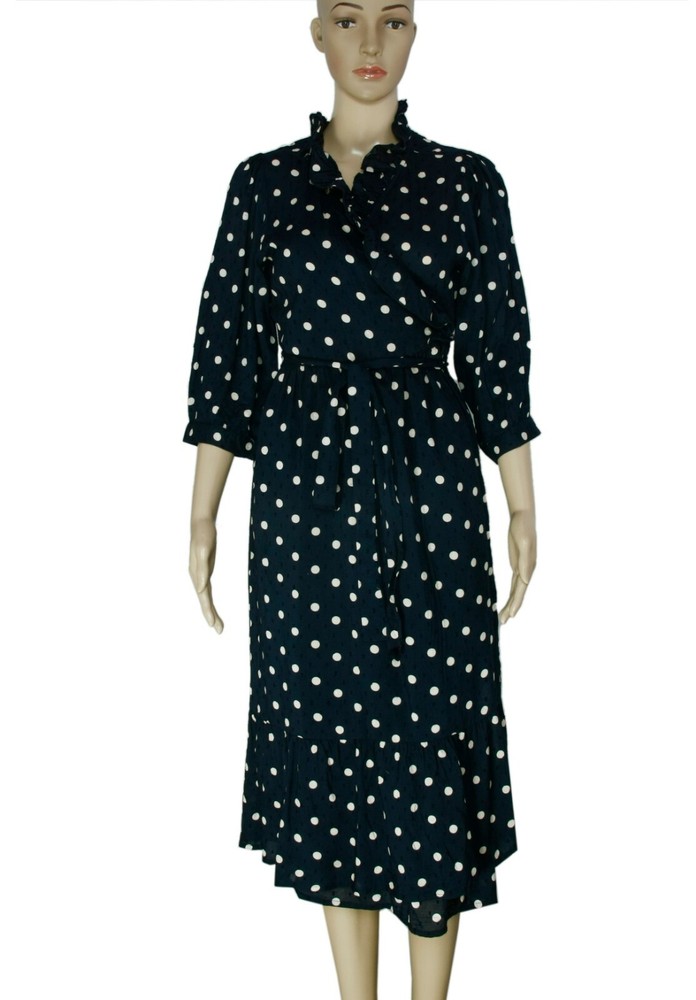 Object Collection Ruffle Detail Printed Wrap Dress Navy Dot Midi NWT Medium M 38