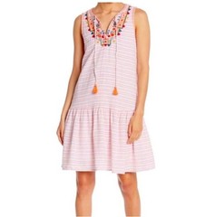 New! BeachLunchLounge Daphine Rose Pink White Drop Waist Embroidered Tassel Dres