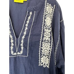Roller Rabbit Blue White Stitched Lagenlook Boho Relaxed Tunic Dress Size Large