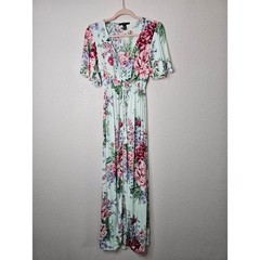 Floral Maxi Dress White Green Pink Rose Floral Boho Smocked Waist Medium