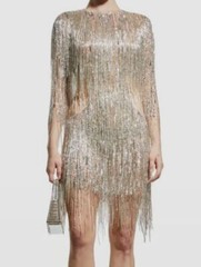 $5995 Naeem Khan Women Silver Side-Cutout Beaded Fringe Silk Mini Dress Size 10