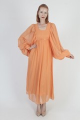 Vtg 60s Avant Garde Chiffon Dress Poet Bell Sleeve Unicolor Cocktail Party Gown