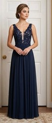 Faviana 8000 Rhinestones Lace Appliqued Long Mesh V-Neck Dress Women Navy Sz 12