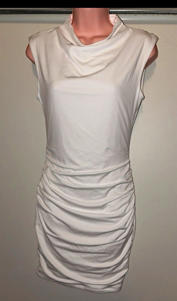 White Solid Ruched Sleeveless Cowl Neck Mini Dress, Women&rsquo;s Regular Size M