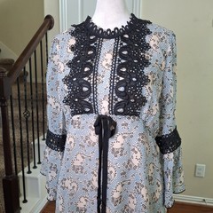 NEW Anna Sui Dress Blue 6 Midi Boho Floral Lace Cottagecore Goth Bell Sleeve
