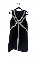 Kelly & Diane Black Geometric Trim Sheath Dress Sz 16 Sleeveless V-Neck Cocktail
