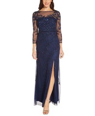 Adrianna Papell Long Sleeve Fully Beaded Mob Column Gown Women&rsquo;s 10 Blue