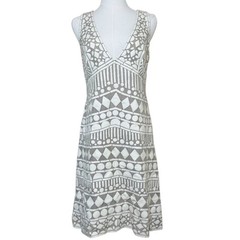 Naeem Khan Silk & Leather Patchwork Appliqué Mini Dress White and Tan Size 8