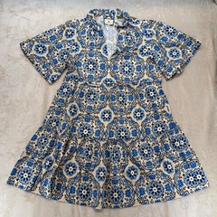 Tuckernuck Mini Dress Women Large Blue Tan Excellent Tiered Medallion Tile Print