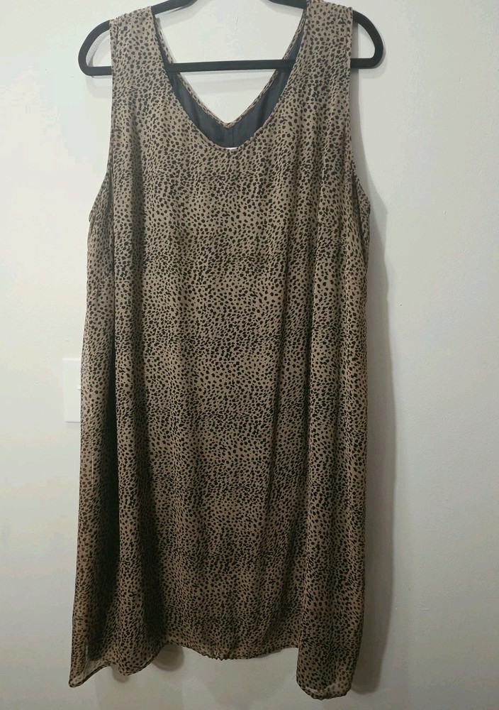 Vintage Leopard Cheetah Animal Print Midi Silk Shift Sleeveless Dress 20W Brown