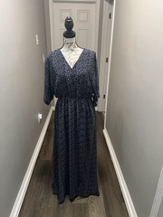 Women’s Regular Blue V-Neck 3/4 Sleeve Polka Dot Long Maxi Dress