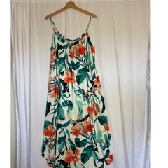 Lilac + London Tropical Floral Maxi Dress XL White Orange Green High Low Pockets