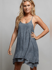 POL Embroidered Adjustable Strap Mini Washed Slate Blue Layered Blue Dress sz Me