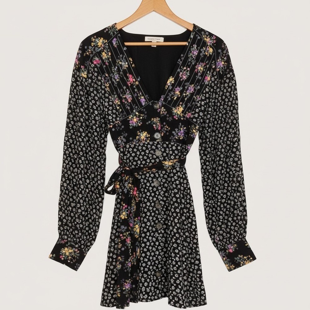 Free People Mixed Floral Print V-Neck Button Front Mini Dress Black Small