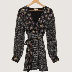 Free People Mixed Floral Print V-Neck Button Front Mini Dress Black Small