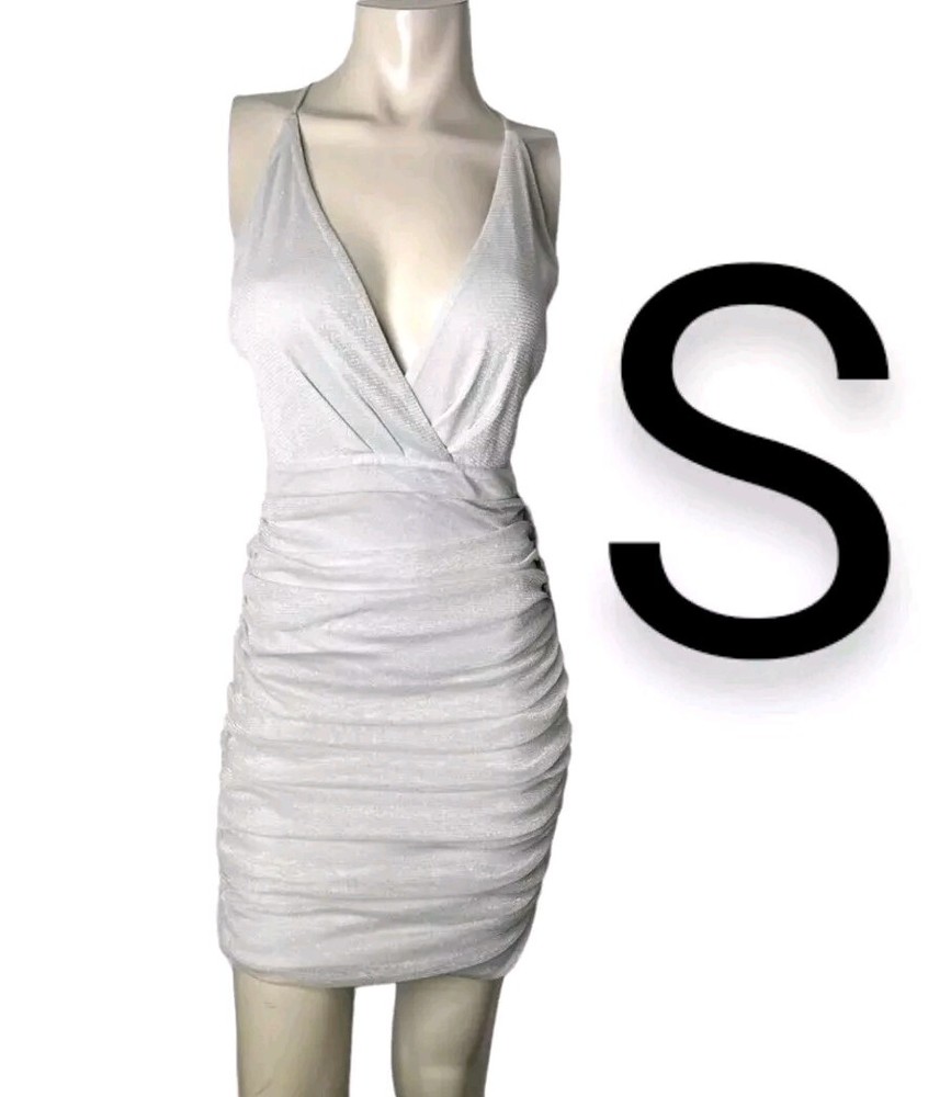🆕Silver Metallic Threaded Cami Low Cut Ruched Open Back Nylon Mini Dress~Size S