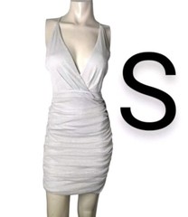 🆕Silver Metallic Threaded Cami Low Cut Ruched Open Back Nylon Mini Dress~Size S