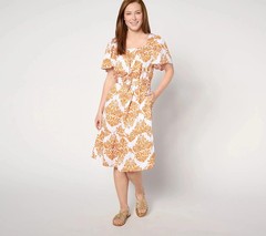 Destination 365 Regular Printed Flutter Sleeve Self Belted Dress Adobe 1X New