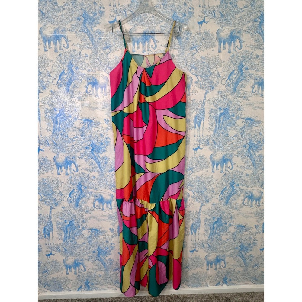 Abstract Psychedelic Print Maxi Dress Pink Yellow Green Retro Pucci Inspired m