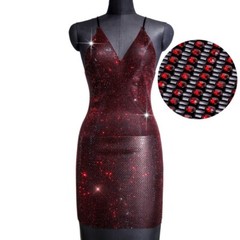 Lady See Through V Neck Rhinestone Mini Bodycon Halter Club Party Mesh Dress Red