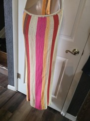 Source Unknown Pink Cream Orange Yellow Purple Striped Crochet Maxi Dress