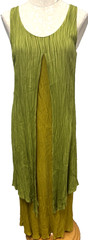 Silver Moon Creations Maui Hawaiian Maxi Crinkle Dress Layered Crepe Green Gold