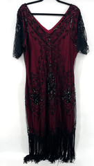 Women Flapper Fringed Beaded Burgundy Dress Plus 3X Costume Gatsby Roaring 20&rsquo;s