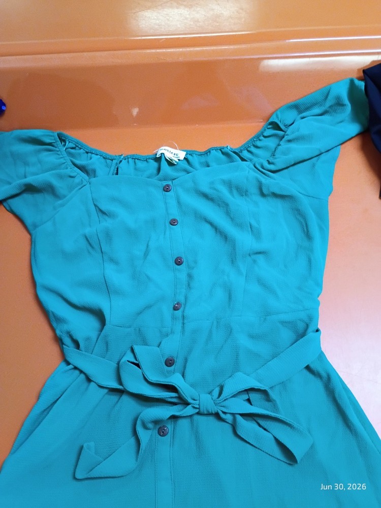 Monteau Womens Green Solid Flutter Sleeve Square Neck Belted Mini Dress L
