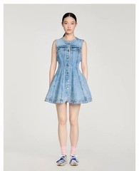 Sandro Ruffled edge V-neck Rhinestone Beaded Denim sleeveless Dresses Women&rsquo;s