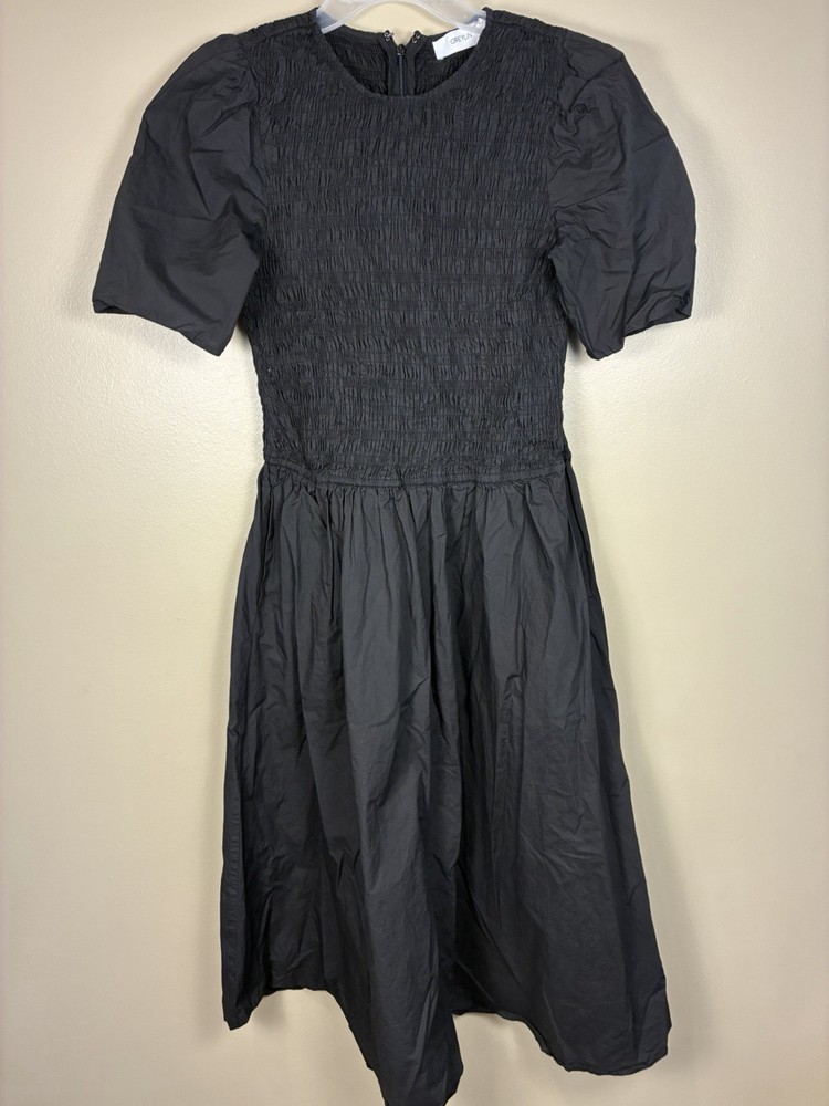 Greylin Black Smocked Midi Dress Size M Puff Sleeve Cotton Cottagecore