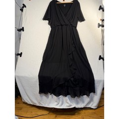 SLNY Black Chiffon Wrap High Low Ruffle Midi Dress Flutter Sleeve 9170657
