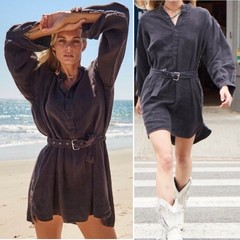 OVERLOVER thick Linen Shirt Dress Sz S Belted Side Pockets charcoal gray