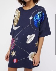 FREE PEOPLE Beyond Infinity Sequin Beaded Moon Planets Stars Tee Shirt Dress L