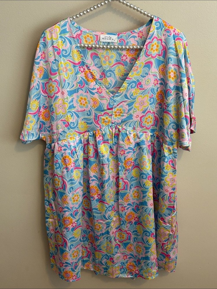 Emily Wonder Pastel Floral V-Neck Swing Dress size medium