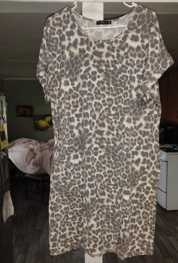 SheIn Beige Animal Print Sundress 2XL Short Sleeve Round Neck Knee Length