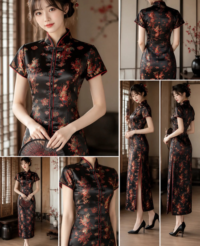 Elegant Vintage-Style Black Qipao/Cheongsam Dress – Dragon & Phoenix Embroidery