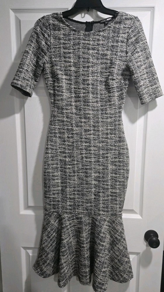FashionNova Black/White Herringbone Tweed Sheath Dress 0 Ruffle