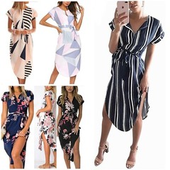 Women&rsquo;s Casual Floral/Geometric Pattern Short Sleeve Spring-Summer Dress w/ Belt