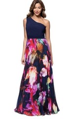 XSCAPE One-Shoulder Mixed-Media Chiffon Gown Women&rsquo;s 8 Navy/Fuchsia Back Zip