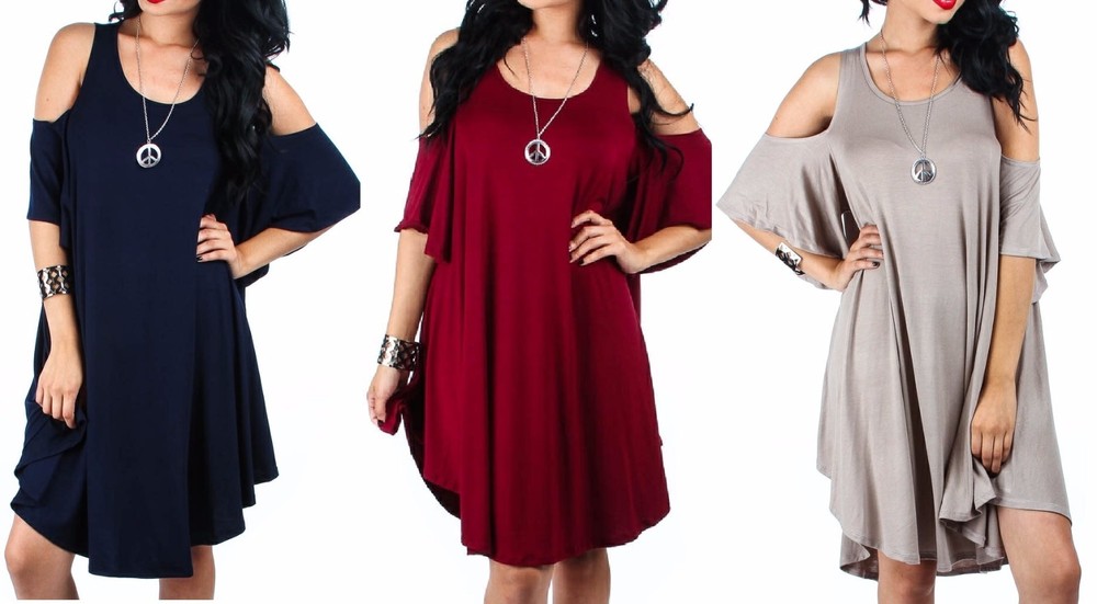 Open Cold Shoulder Full & Fluttery Jersey Drape Dress S/M L/XL 2X/3X Plus & Reg