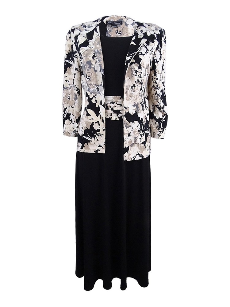Jessica Howard Women&rsquo;s Petite Floral-Print Dress and Jacket (4P, Black/Ivory)