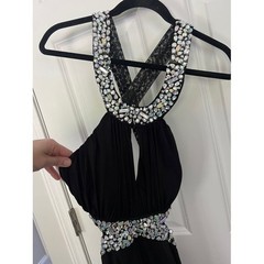 Deb Black Rhinestone Embellished Halter Formal Gown Prom Dress Open Back Size 9