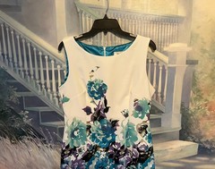 Women »s White W/Blue Floral Stretch Sleeveless Sheath Dress By Dressbarn Size 10